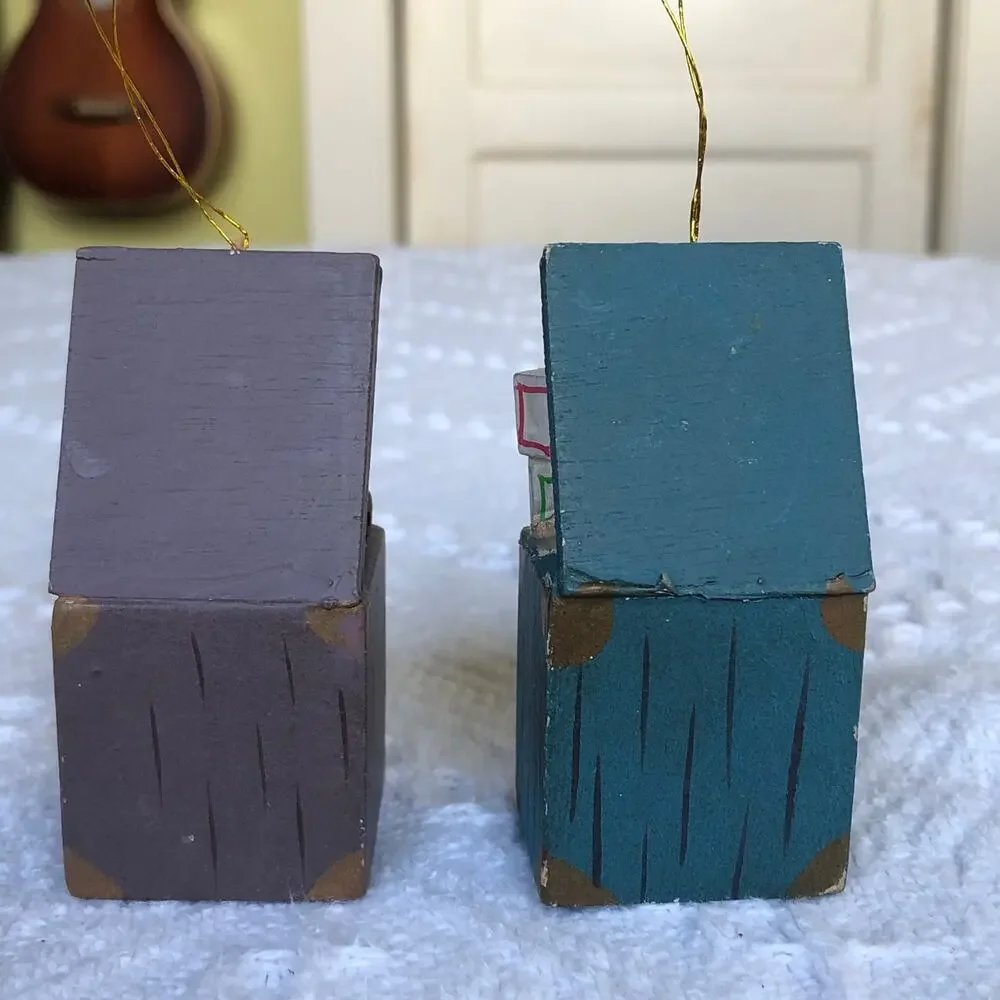 VTG Wooden Toy Chest Christmas Ornaments Noel Set of 2 Hand Painted Glass Mirror